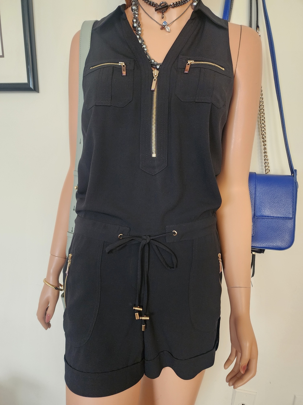 Cache Black Sleeveless Zip-Front Romper with Drawstring Waist